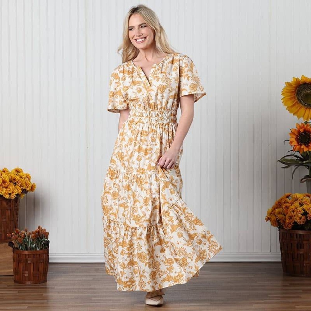 Kate & Sam Harvest Gold Floral Smocked Waist Tiered Maxi Dress NWT Medium